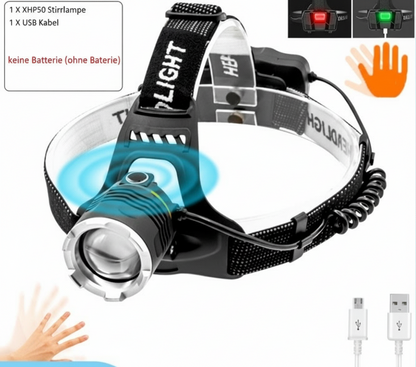 P50 Hochleistungs-LED Stirnlampe – USB-Aufladbar, Bewegungssensor, Outdoor-Kopfleuchte