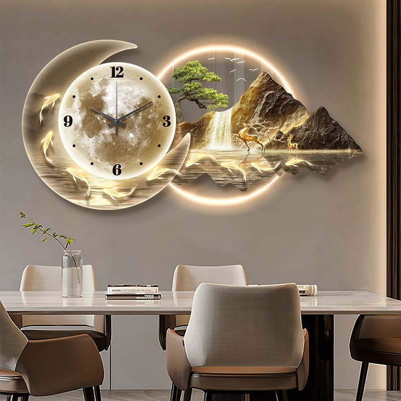 Golden Mountain in the Sunlight: A Wall-Mounted Decorative Painting with a Clock for the Dining Room, Tabletop Clock, and Living Room Artwork.
