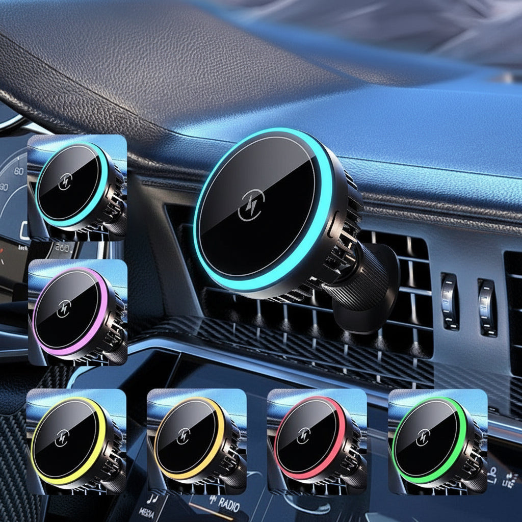 Magnetische Auto-Handyhalterung – 15W Wireless Fast Charger mit LED-Ambientebeleuchtung für Lüftungsgitter