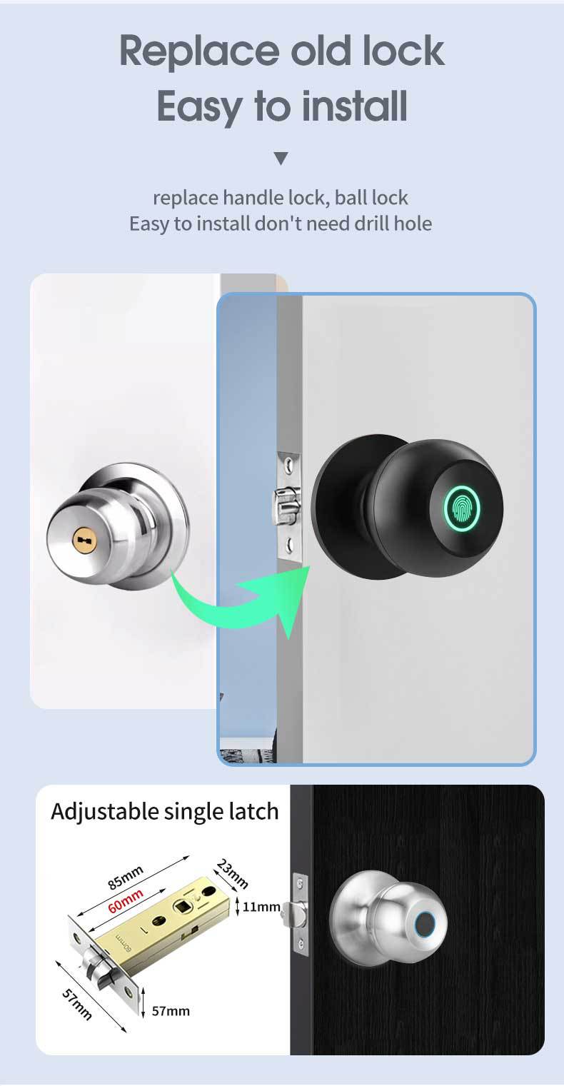 Smart Fingerprint Kugelschloss – Elektronisches Türschloss für Innentüren, DC-betrieben, Amerikanisches Design