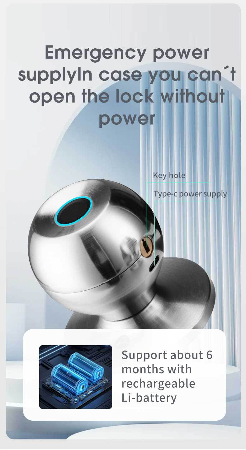 Smart Fingerprint Kugelschloss – Elektronisches Türschloss für Innentüren, DC-betrieben, Amerikanisches Design